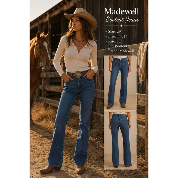 Madewell Denim - Madewell Western Y2K Relaxed Bootcut Jeans Blue Denim Biker Cowgirl 33x31 Sz 29